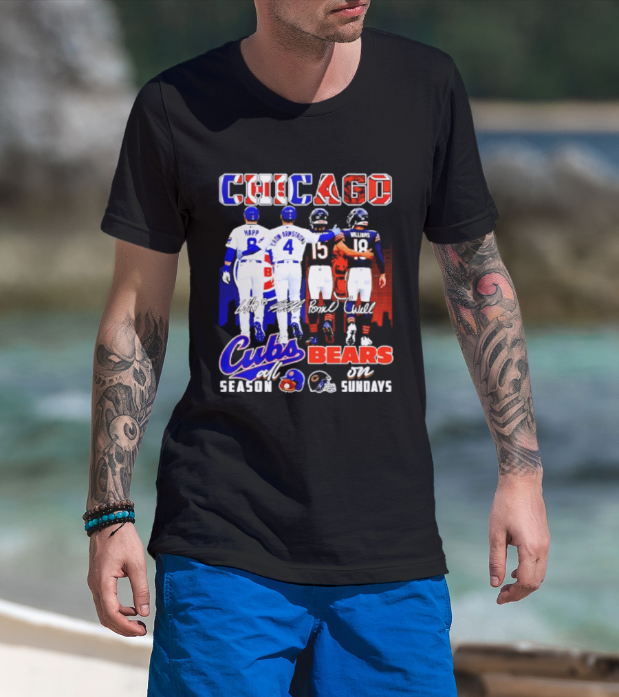 Chicago Cubs Happ And Bote Bears Fields And Moore Signature Skyline Sundays All Season T-Shirt