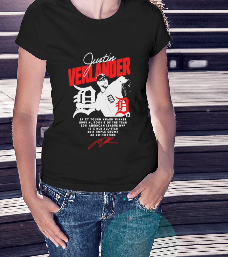 Detroit Tigers Justin Verlander No Hitter AL Rookie MVP Cy Young Winner MLB Career T-Shirt