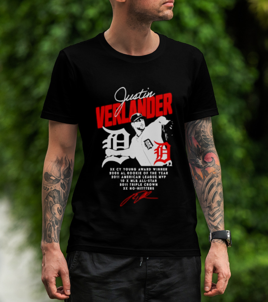 Detroit Tigers Justin Verlander No Hitter AL Rookie MVP Cy Young Winner MLB Career T-Shirt
