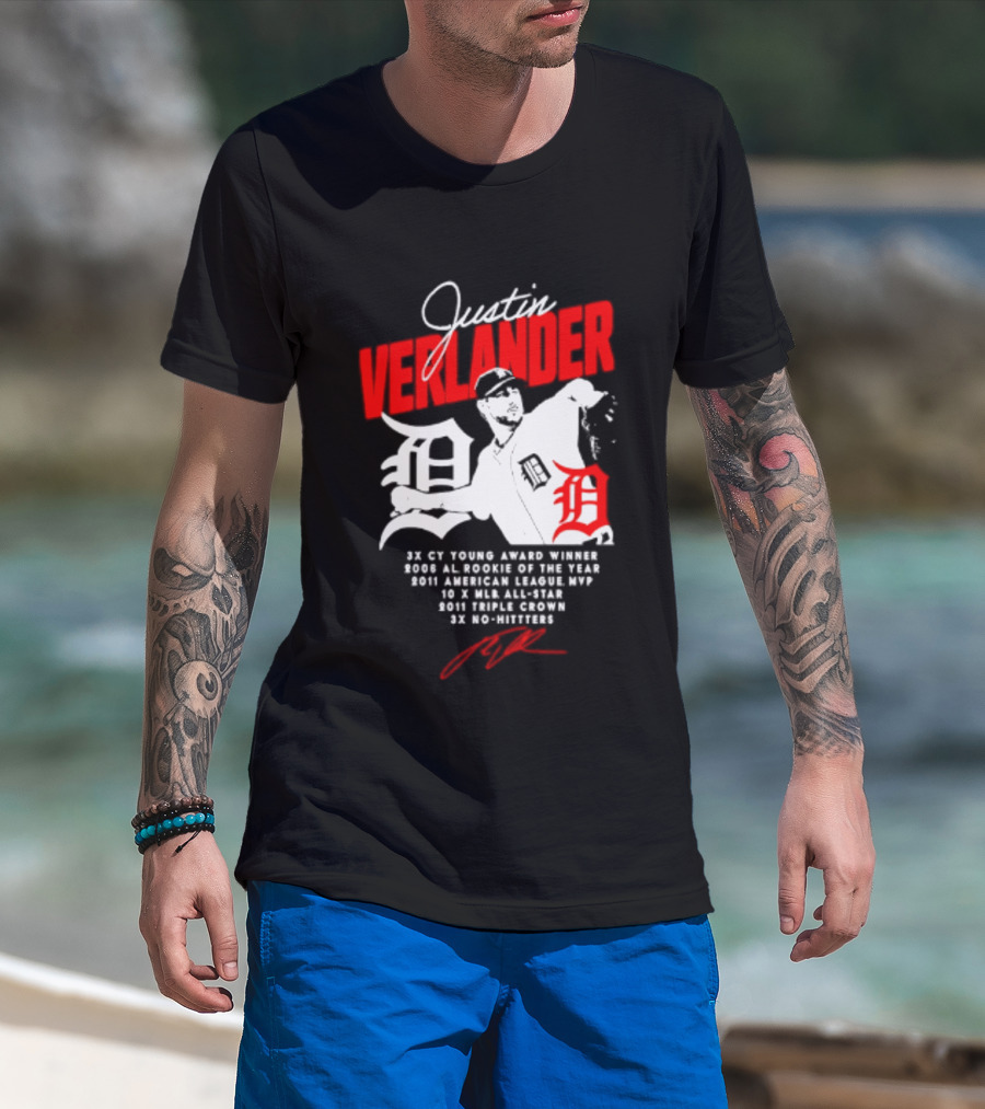 Detroit Tigers Justin Verlander No Hitter AL Rookie MVP Cy Young Winner MLB Career T-Shirt
