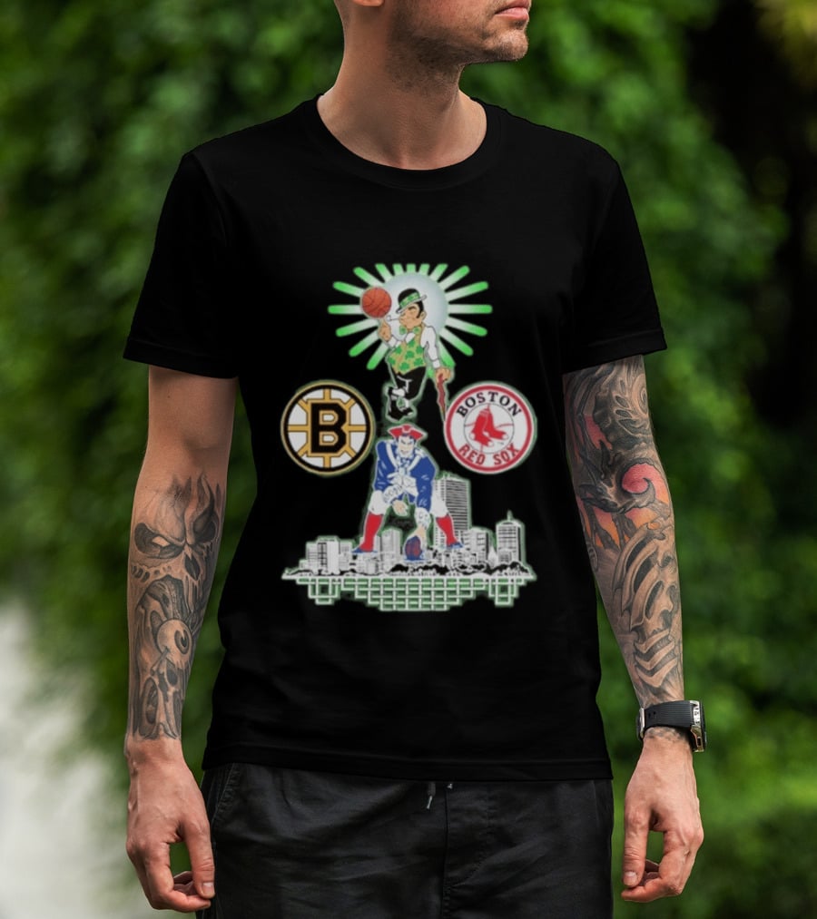 Boston Celtics Red Sox Bruins Skyline Triple Team Sports Boston T-Shirt
