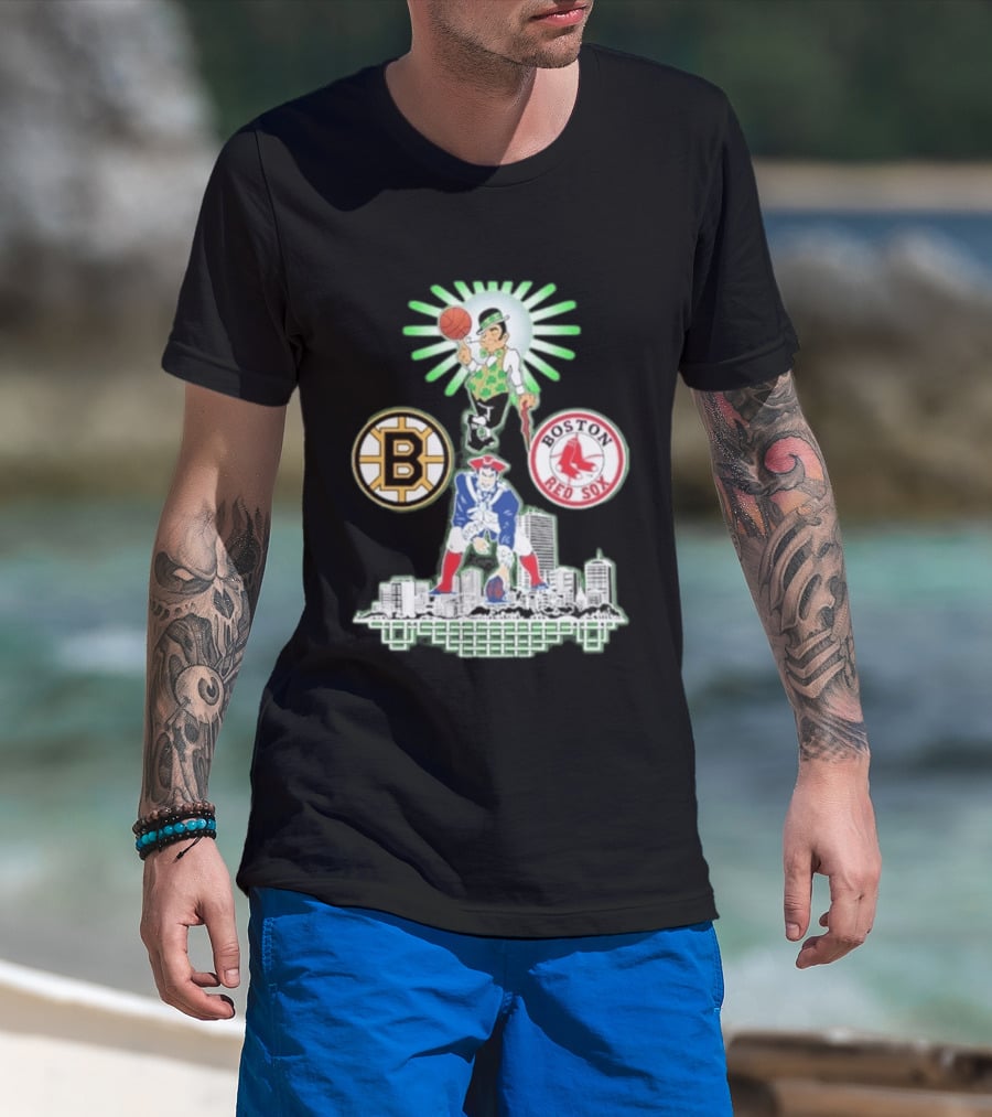 Boston Celtics Red Sox Bruins Skyline Triple Team Sports Boston T-Shirt