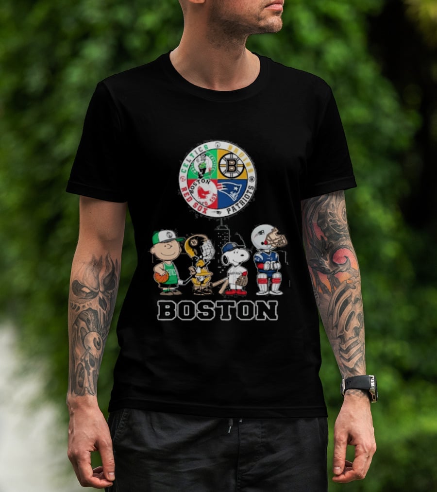 Boston Celtics Bruins Red Sox Patriots Cartoon Characters Skyline Sports T-Shirt