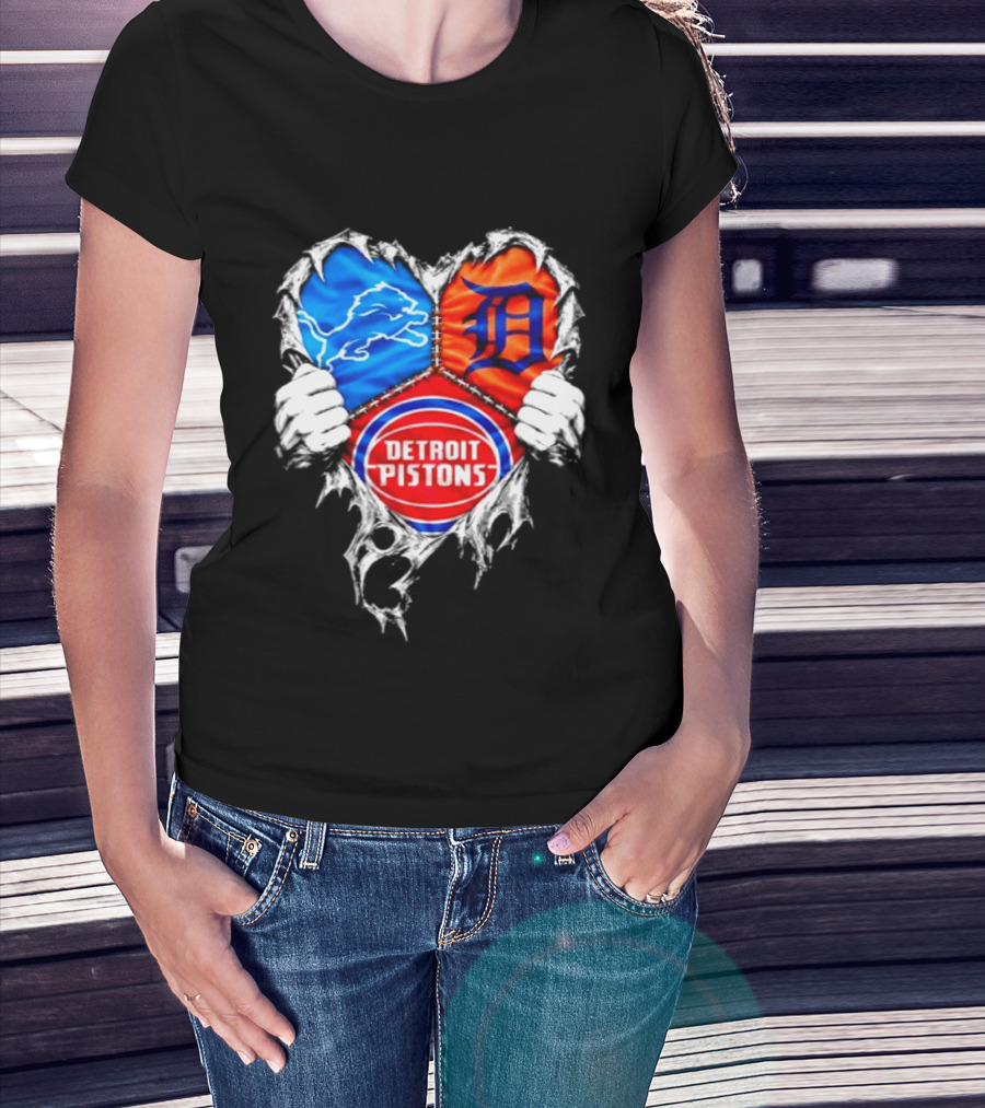 Detroit Lions Tigers Pistons Heart Scratch Mashup T-Shirt