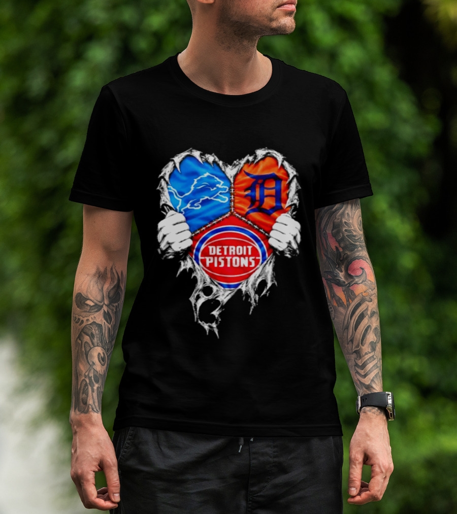 Detroit Lions Tigers Pistons Heart Scratch Mashup T-Shirt