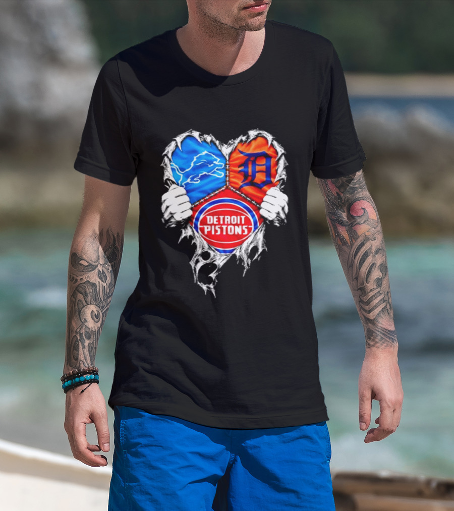 Detroit Lions Tigers Pistons Heart Scratch Mashup T-Shirt