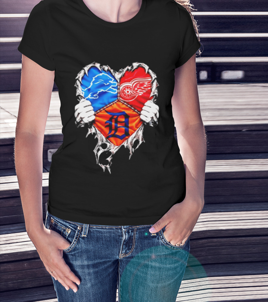 Detroit Lions Red Wings Tigers Heart Scratch Mashup T-Shirt