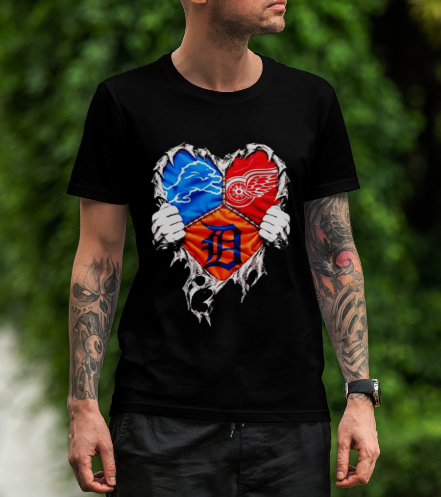 Detroit Lions Red Wings Tigers Heart Scratch Mashup T-Shirt