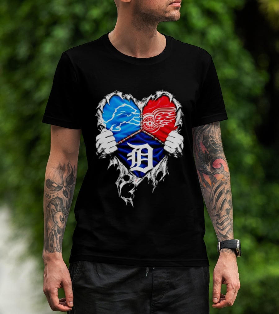 Detroit Lions Red Wings Tigers Heart Scratch Mashup T-Shirt