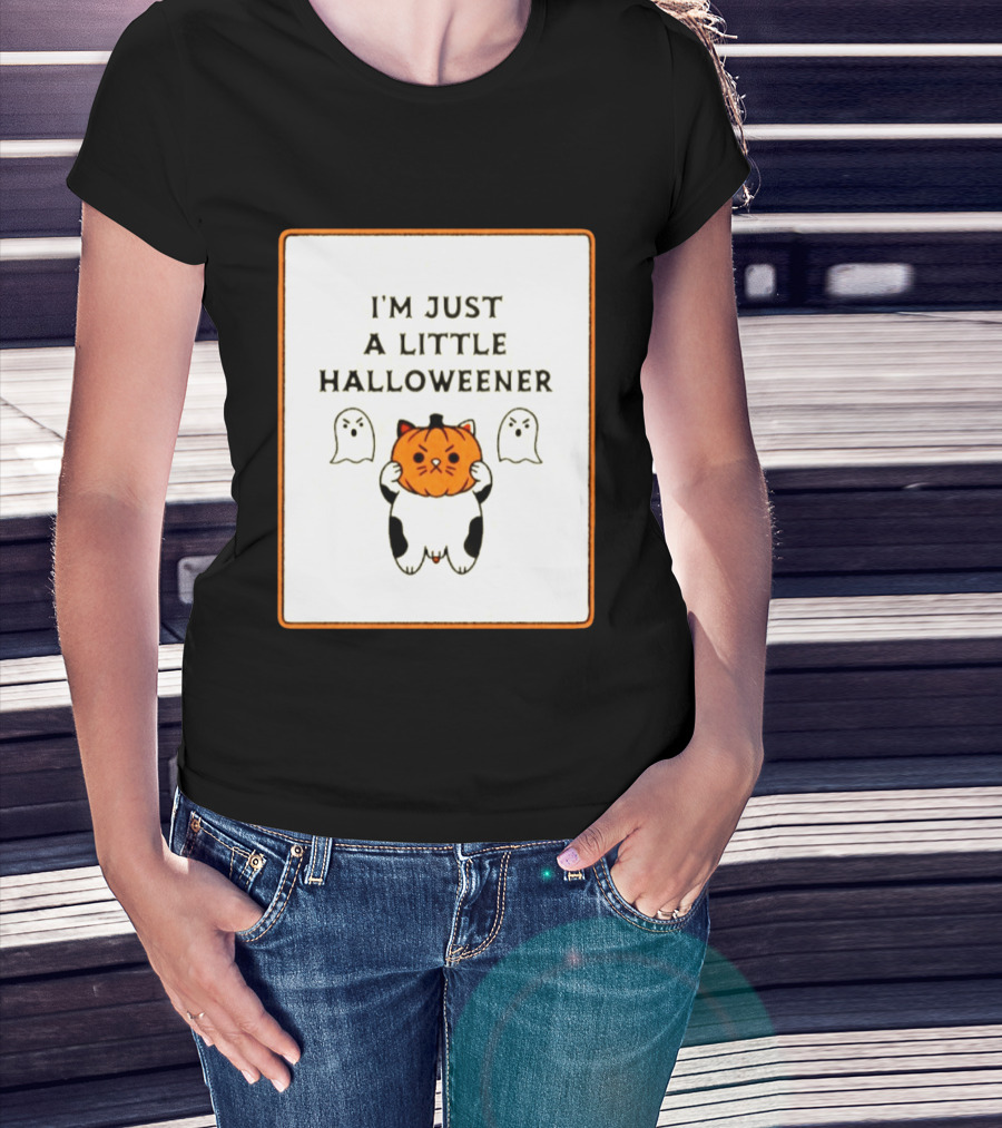 I'm Just A Little Halloweener Cat Holding Pumpkin Face With Ghosts T-Shirt