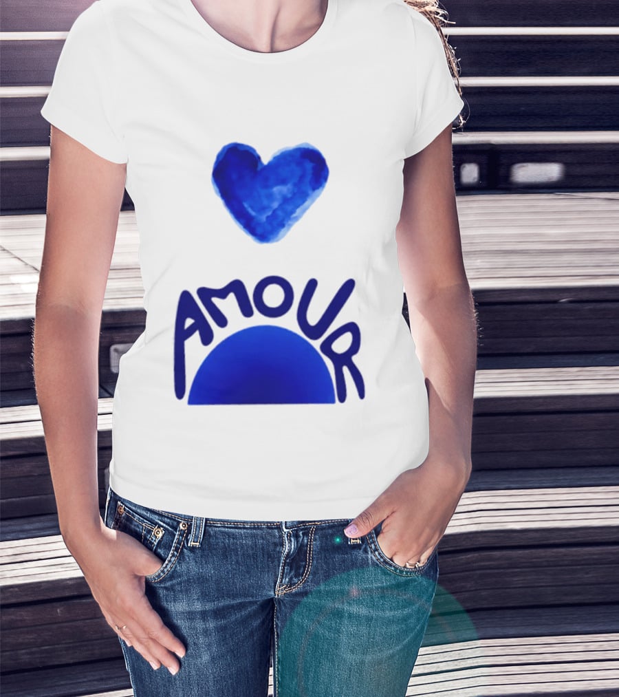 Amour Blue Heart French Love Watercolor T-Shirt