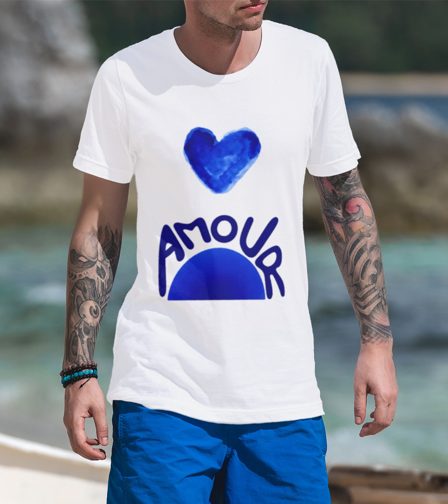 Amour Blue Heart French Love Watercolor T-Shirt