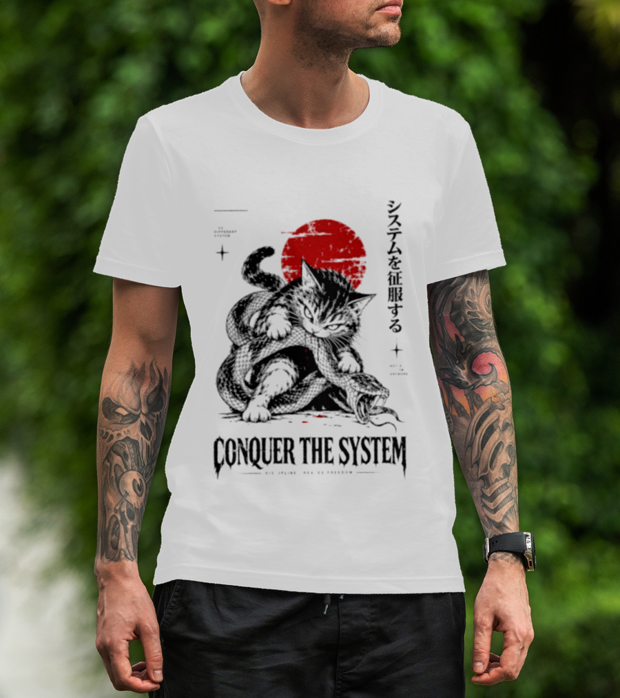 Cat Conquer The System Discipline Creates Freedom Japanese Style Red Sun T-Shirt