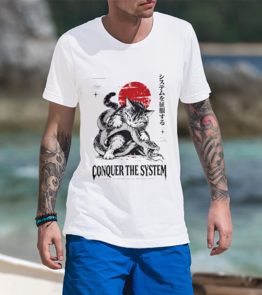 Cat Conquer The System Discipline Creates Freedom Japanese Style Red Sun T-Shirt