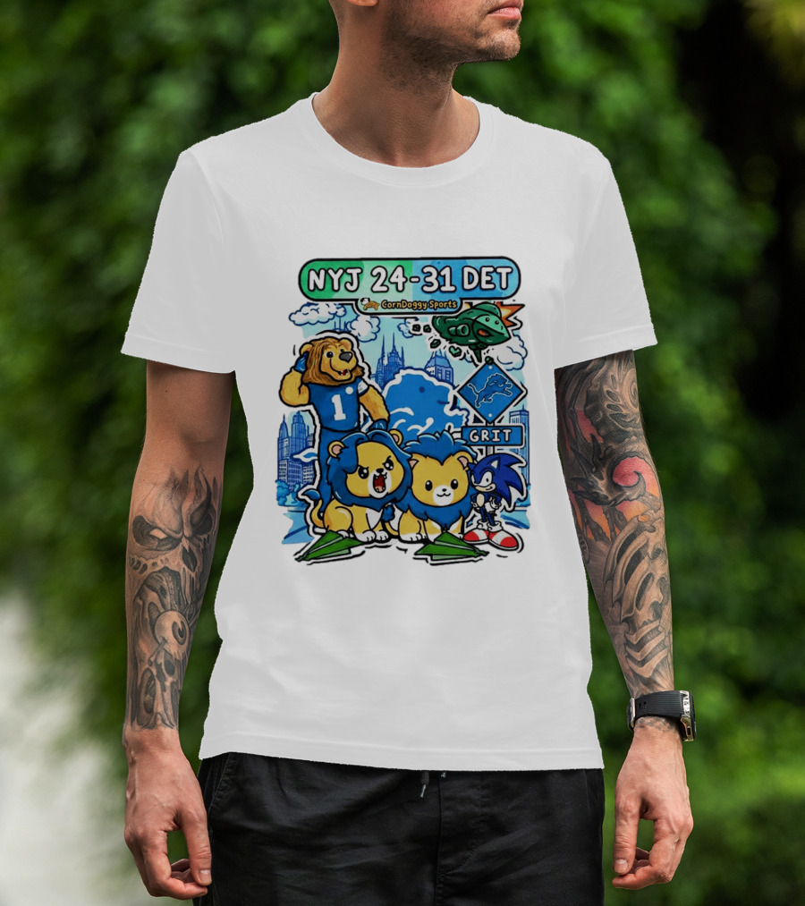 NYJ 24 31 DET Corndoggy Sports Grit Lions Cityscape T-Shirt