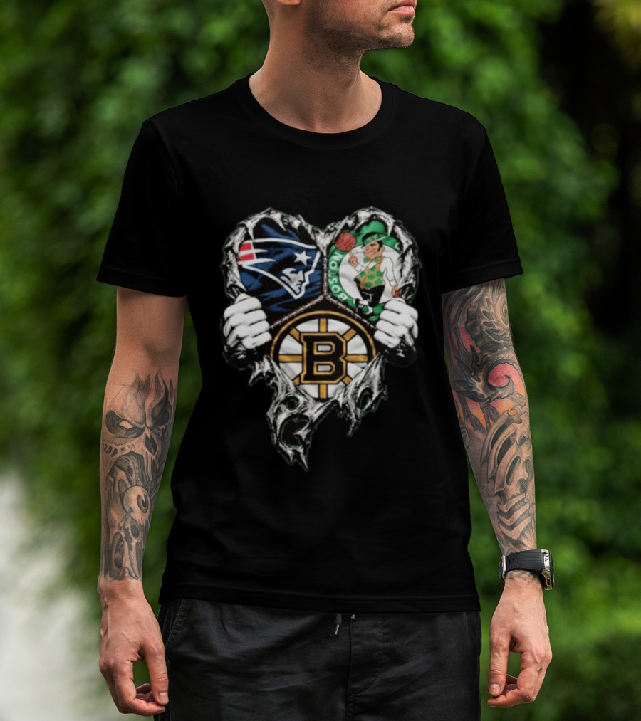 New England Patriots Boston Celtics Boston Bruins Ripped Heart Triple Team Sports T-Shirt
