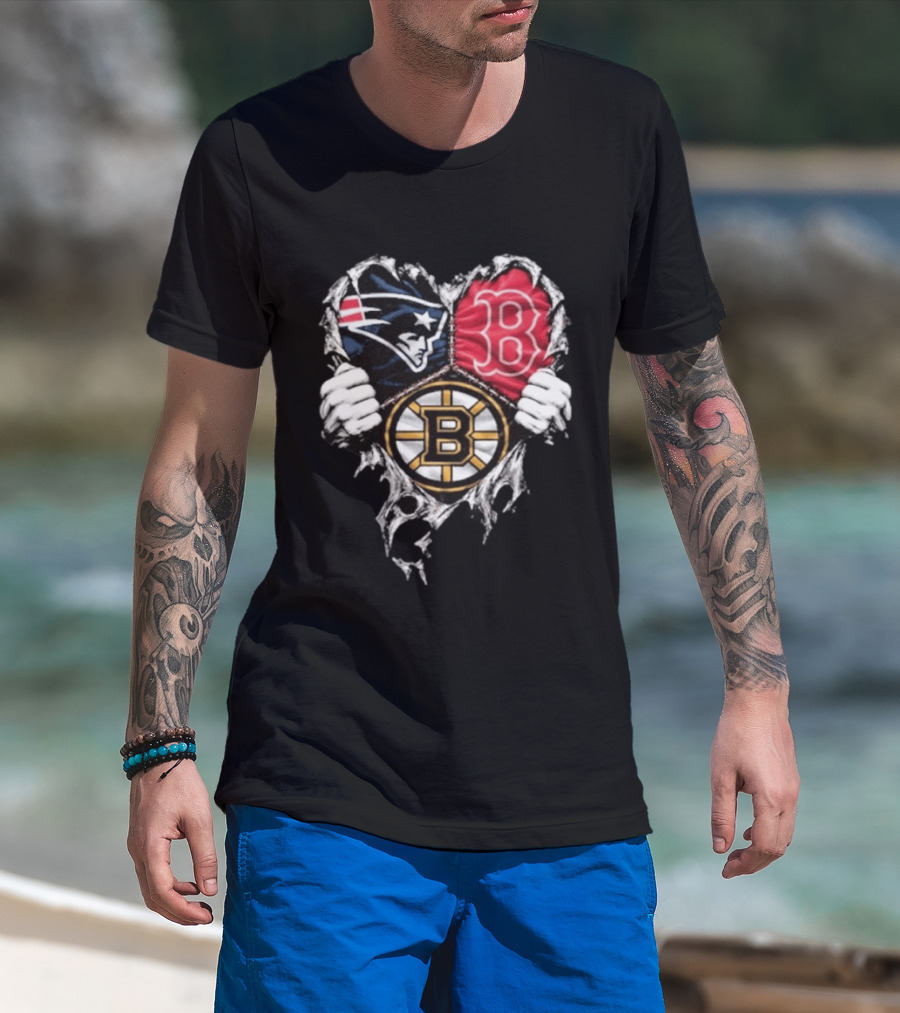 New England Patriots Boston Red Sox Boston Bruins Heart Iconic Trio T-Shirt