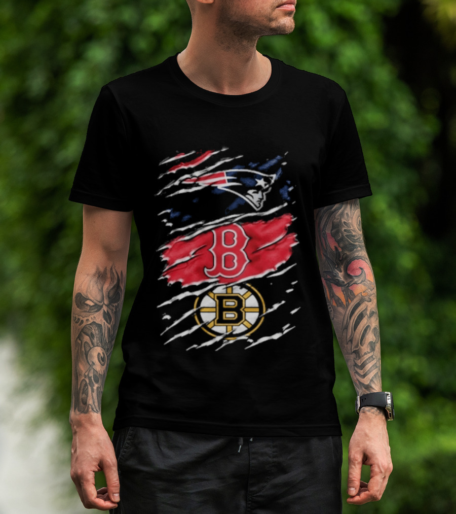 New England Patriots Boston Red Sox Boston Bruins Ripped Distressed Triple Team Sports T-Shirt