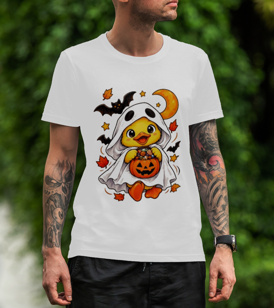 Ghost Ducking With Halloween Pumpkin Candy Bucket Bat Moon And Stars T-Shirt