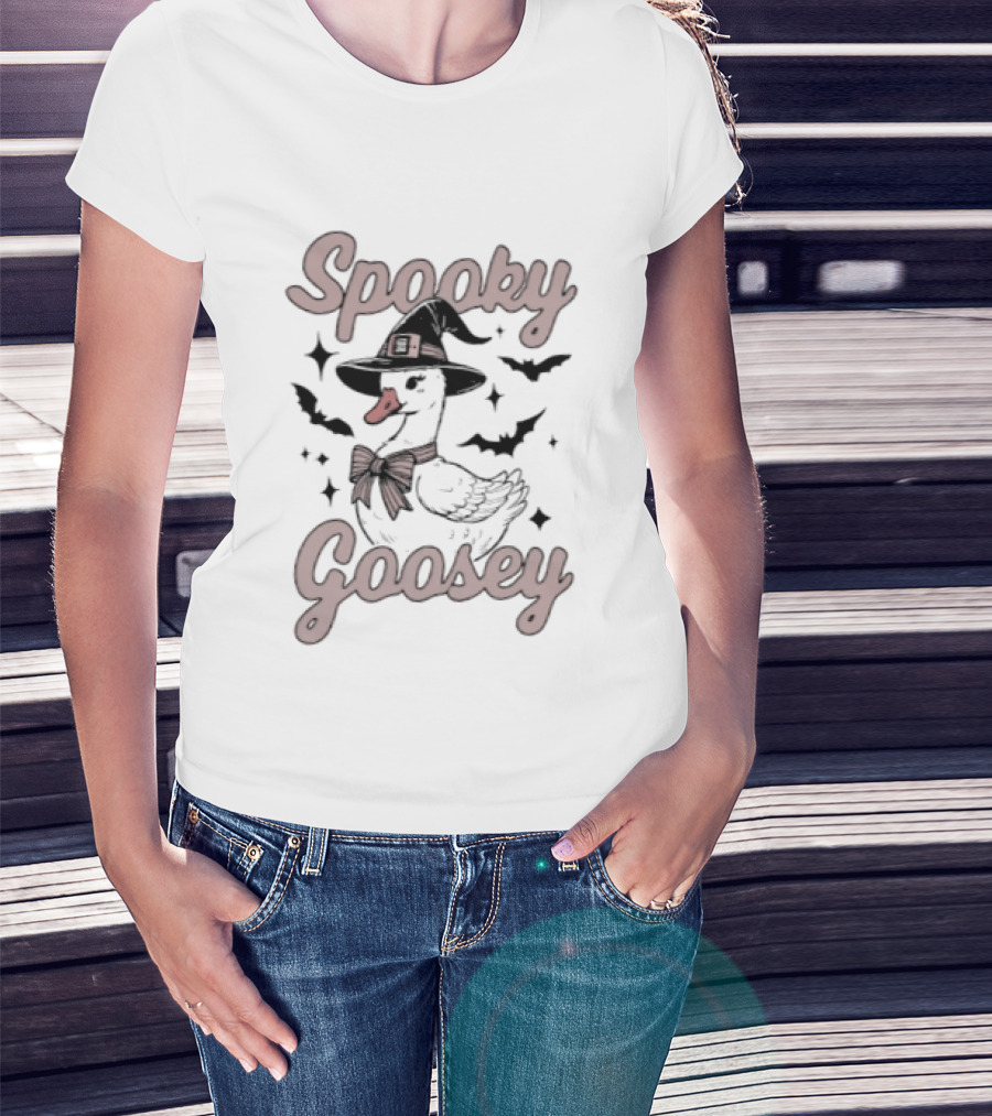 Spooky Goosey Witch Hat Bow Halloween Bats And Stars T-Shirt