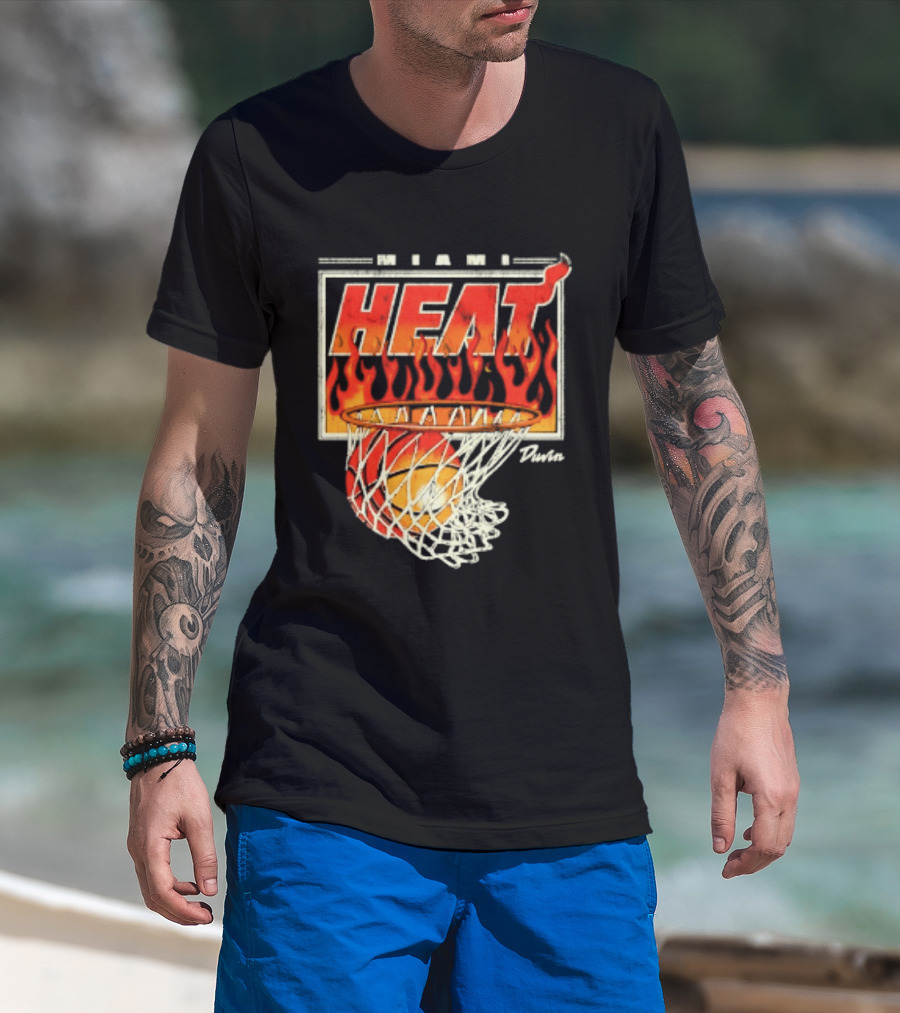 Miami Heat Duvin Basketball NBA Flaming Hoop And Ball T-Shirt
