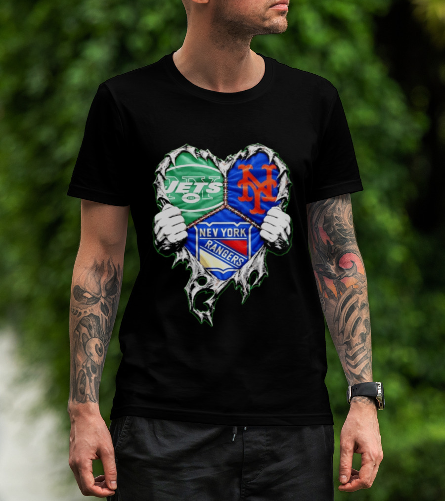 New York Jets Mets Rangers Heart Mashup Scratch T-Shirt