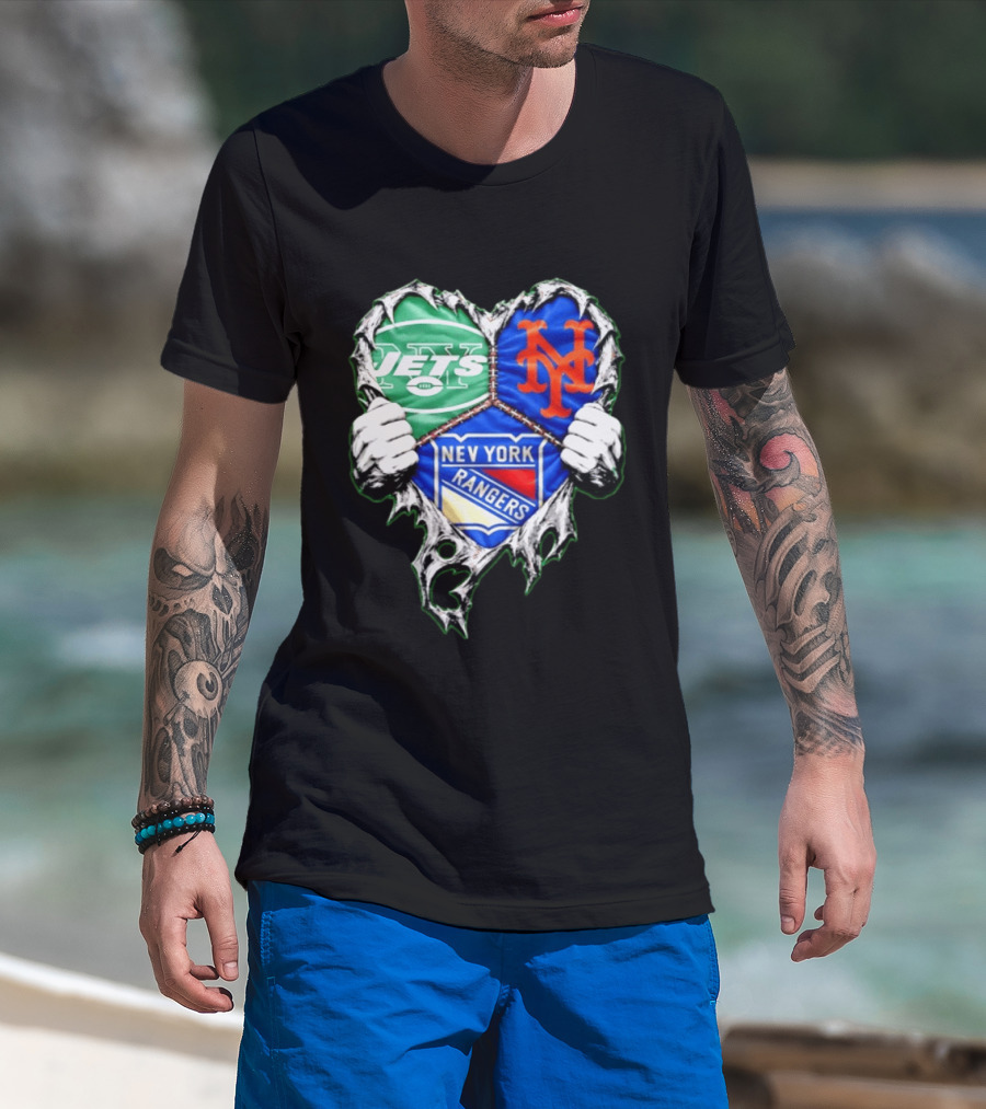 New York Jets Mets Rangers Heart Mashup Scratch T-Shirt