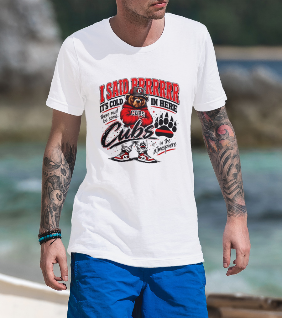 I Said Brrrrr It's Cold In Here Cubs In The Atmosphere Bear With Cap And Paw Prints T-Shirt