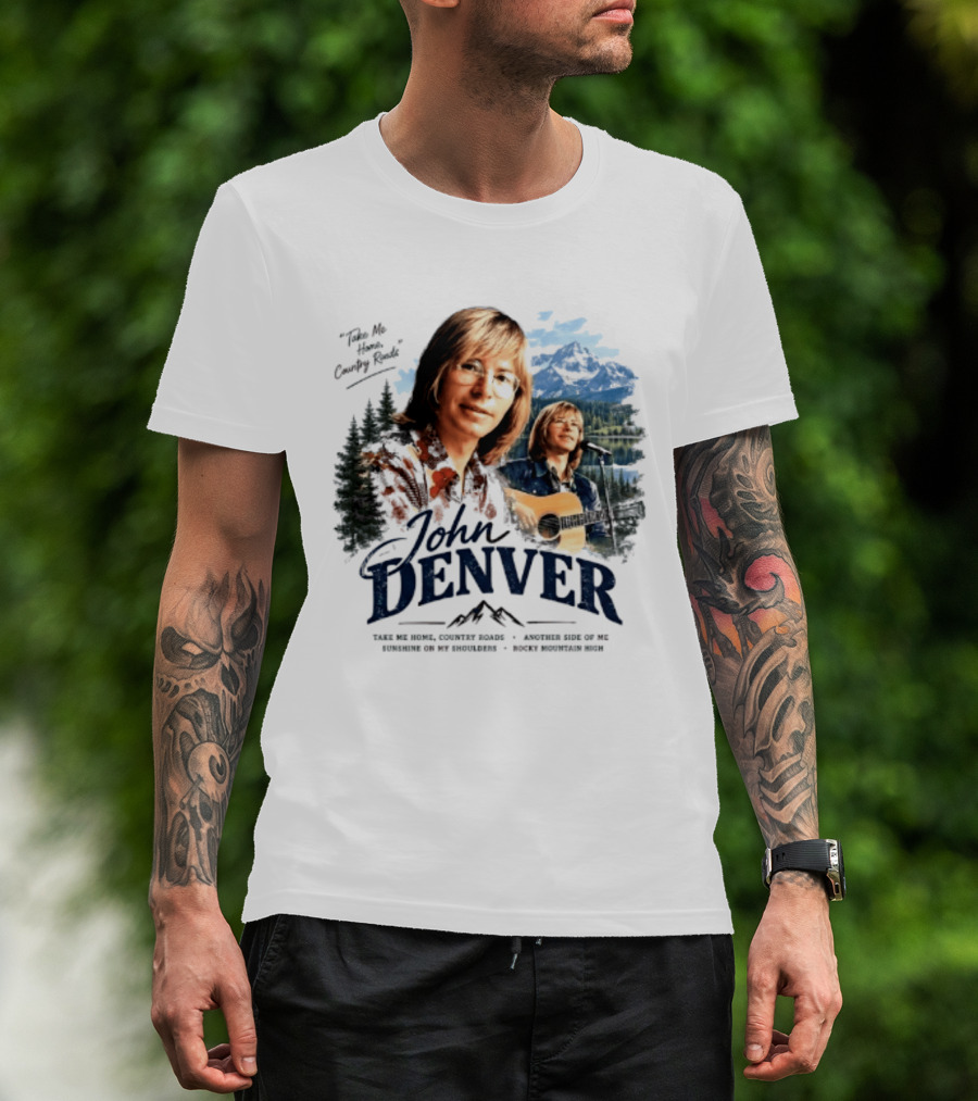 John Denver Take Me Home Country Roads Lyrics Mountains Forest Guitar Scene T-Shirt
