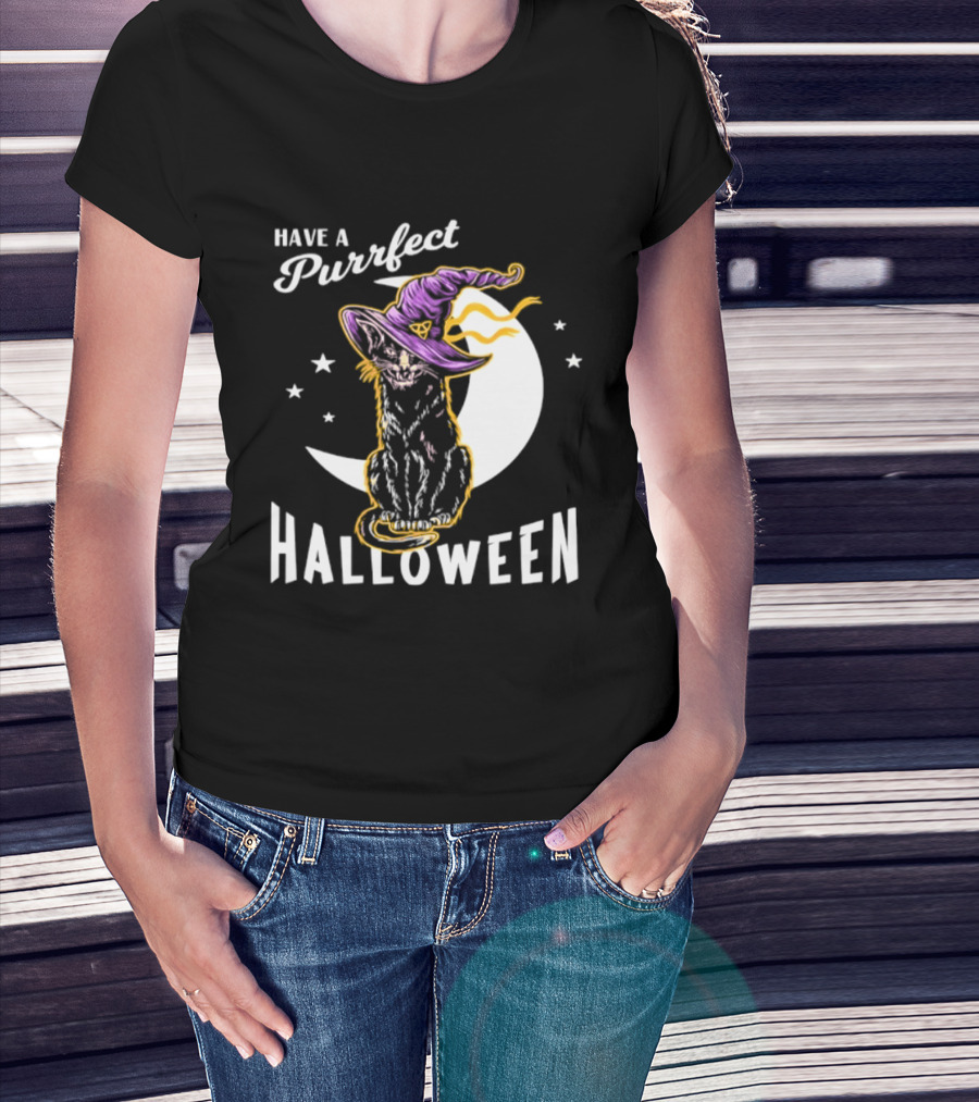 Have A Purrfect Halloween Black Cat And Moon With Witch Hat T-Shirt