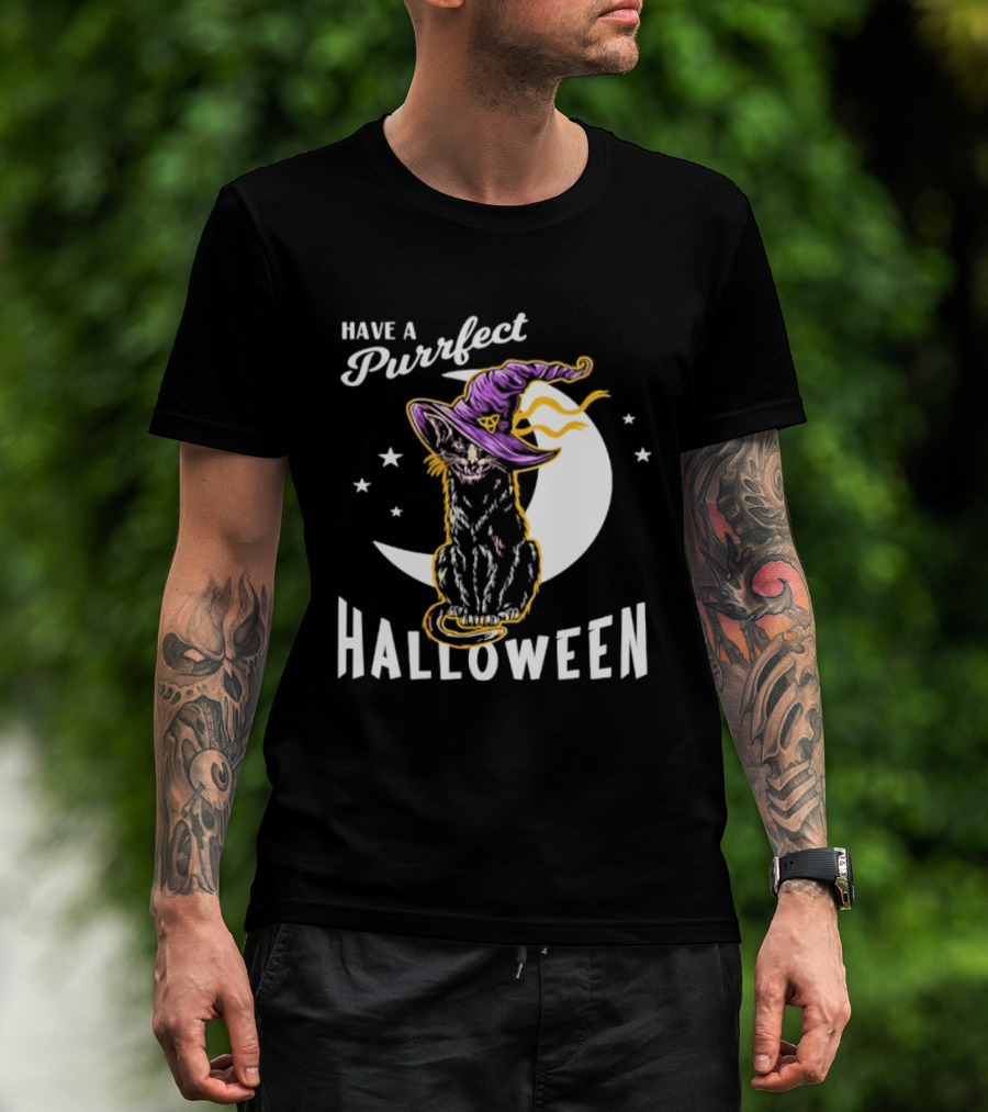 Have A Purrfect Halloween Black Cat And Moon With Witch Hat T-Shirt