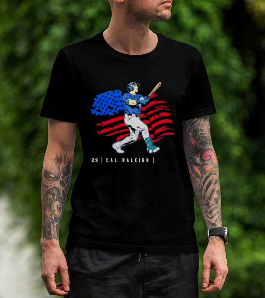 Cal Raleigh Baseball USA Flag Seattle Seahawks T-Shirt