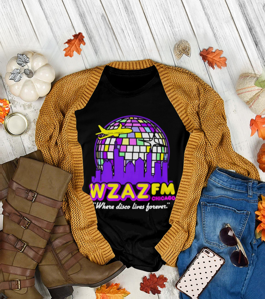 WZAZ FM Chicago Disco Globe And Skyline Where Disco Lives Forever T-Shirt