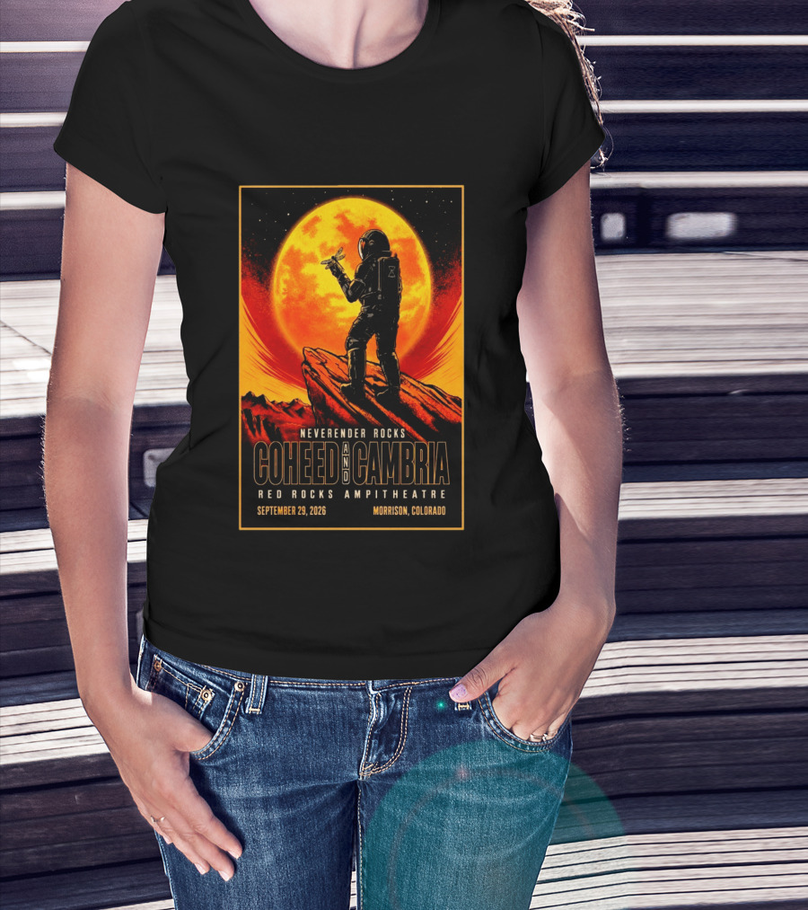 Neverender Rocks Coheed And Cambria Red Rocks Ampitheatre Morrison Colorado September 29 2026 Astronaut Orange Moon Scene T-Shirt