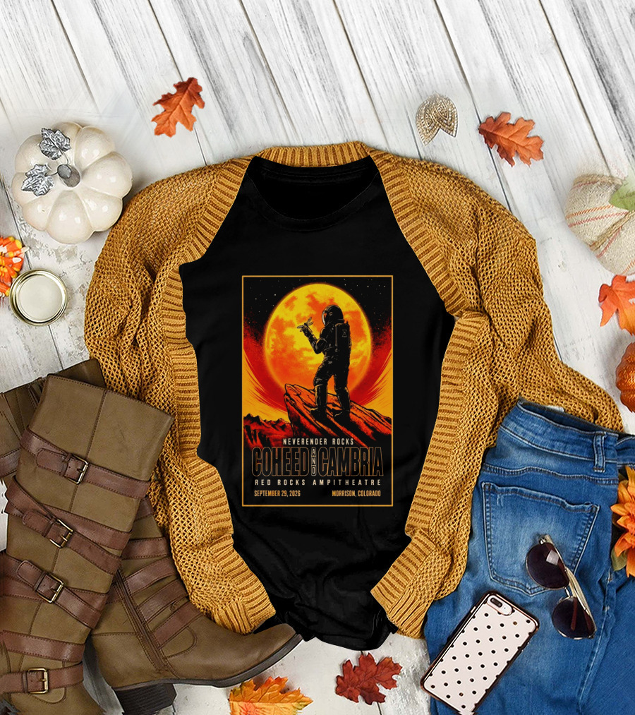 Neverender Rocks Coheed And Cambria Red Rocks Ampitheatre Morrison Colorado September 29 2026 Astronaut Orange Moon Scene T-Shirt