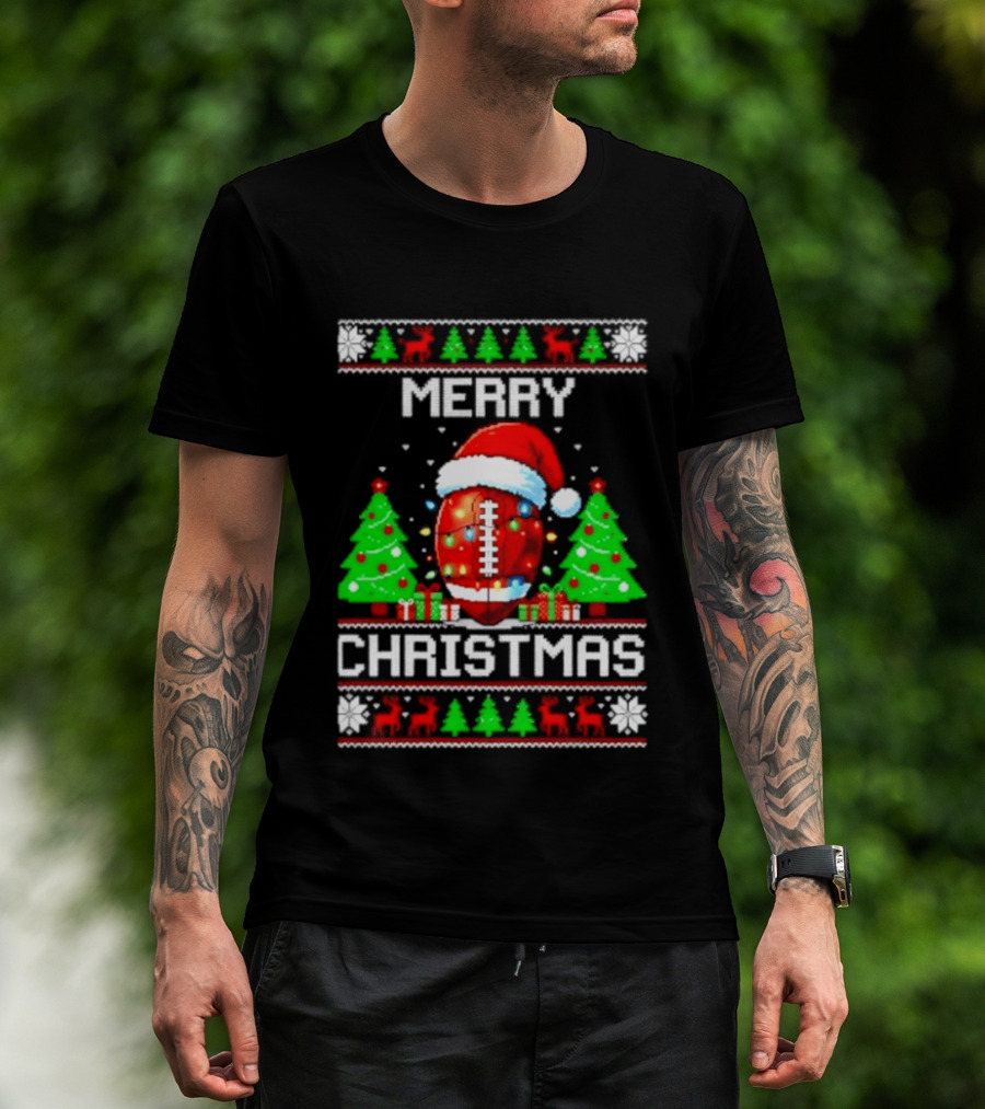Merry Christmas Football Santa Hat Lights Festive Trees T-Shirt