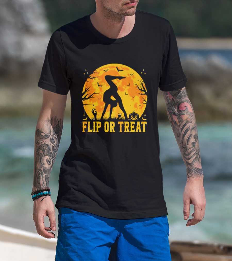 Flip Or Treat Halloween Gymnastics Moon Silhouette Spooky Pumpkin T-Shirt