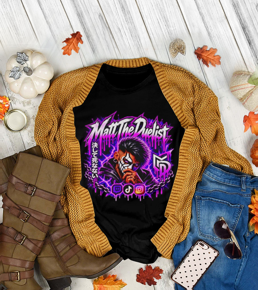 Matt The Duelist Freelance MTD Anime Gamer Mask Neon Purple Kanji T-Shirt