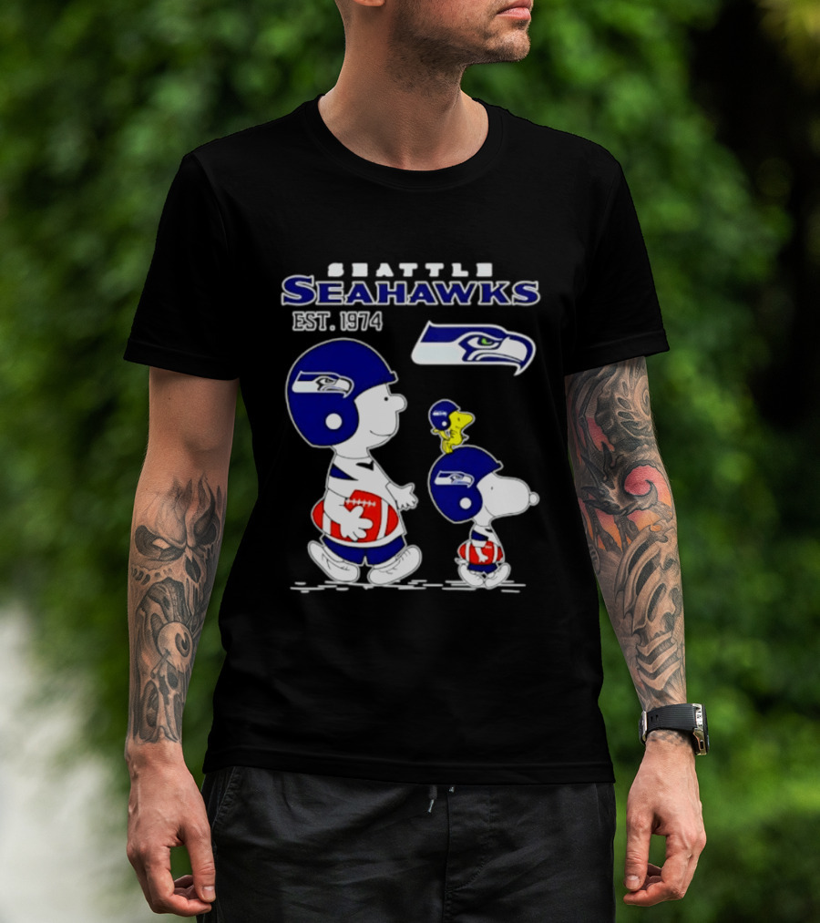 Seattle Seahawks Peanuts Snoopy Charlie Brown Est 1974 NFL T-Shirt