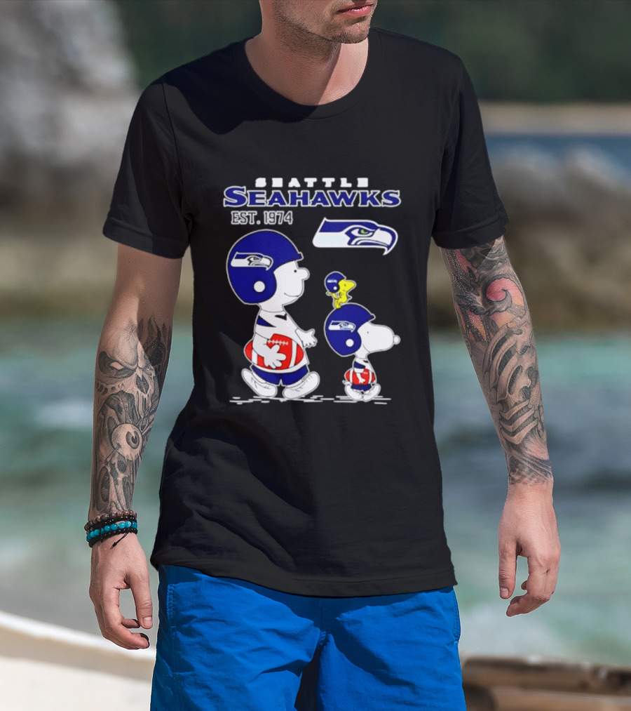 Seattle Seahawks Peanuts Snoopy Charlie Brown Est 1974 NFL T-Shirt