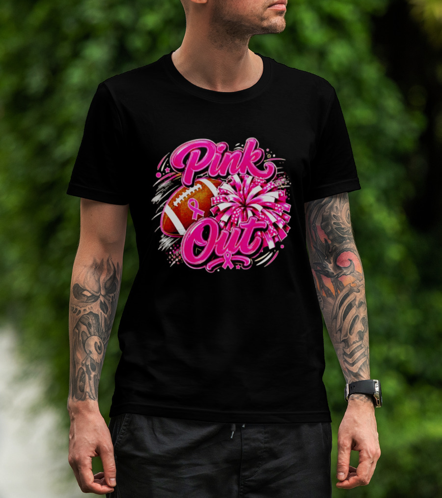 Pink Out Breast Cancer Awareness Football Cheerleading Pom Poms T-Shirt