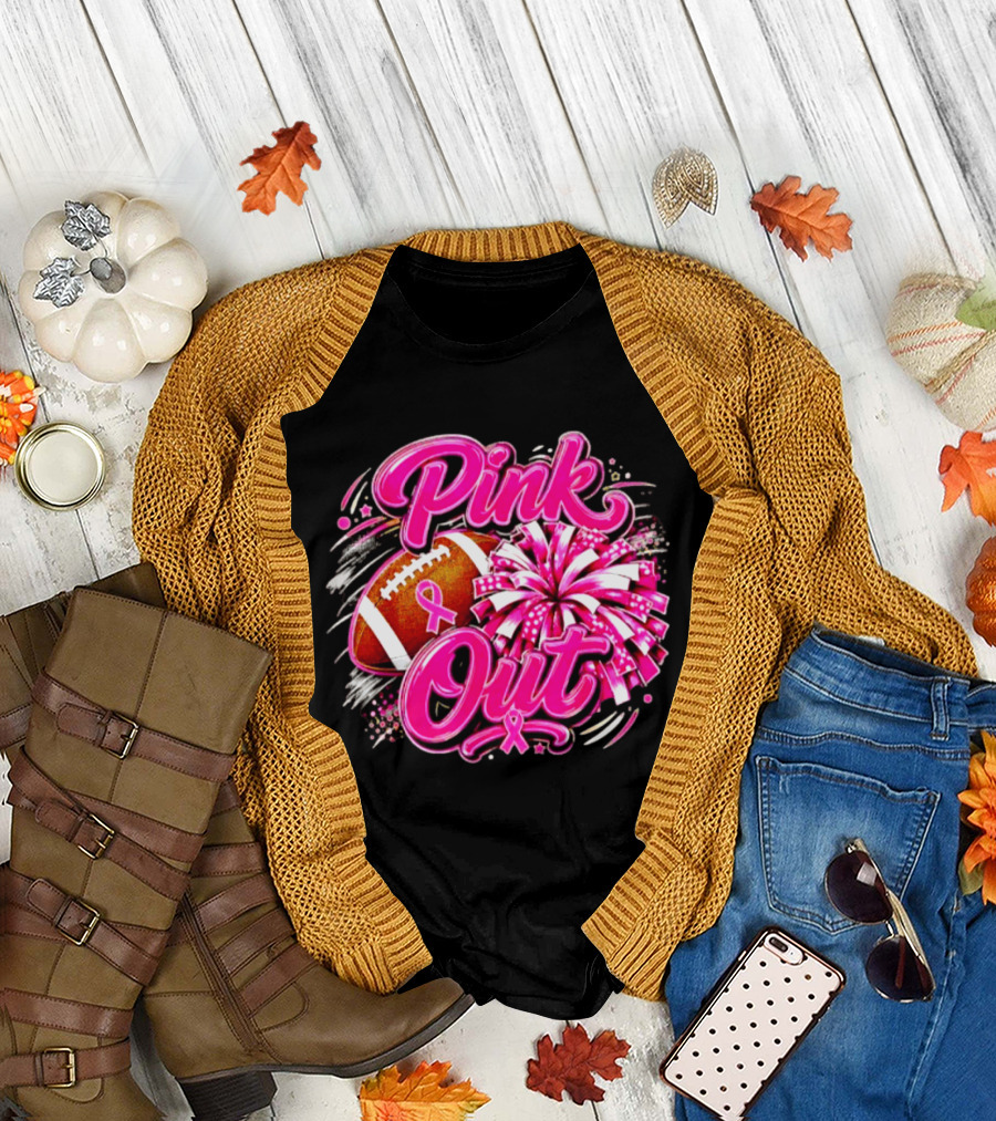 Pink Out Breast Cancer Awareness Football Cheerleading Pom Poms T-Shirt