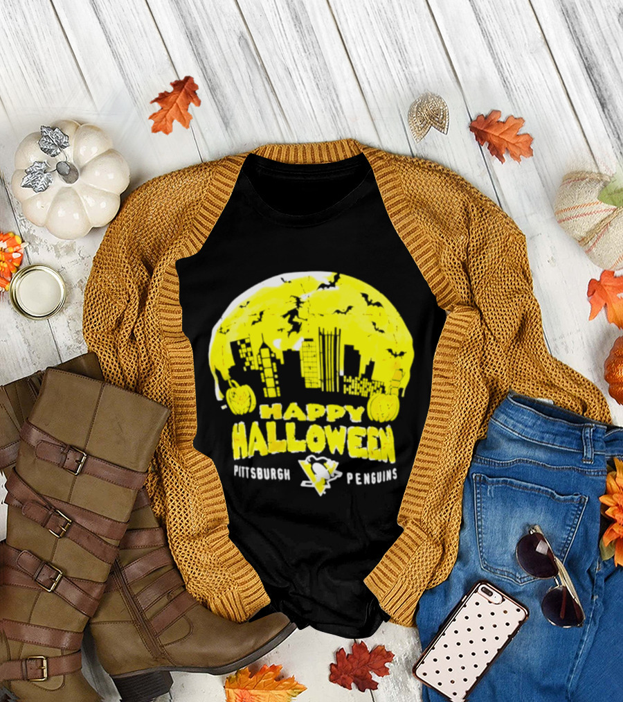 Pittsburgh Penguins Happy Halloween Skyline Pumpkins T-Shirt