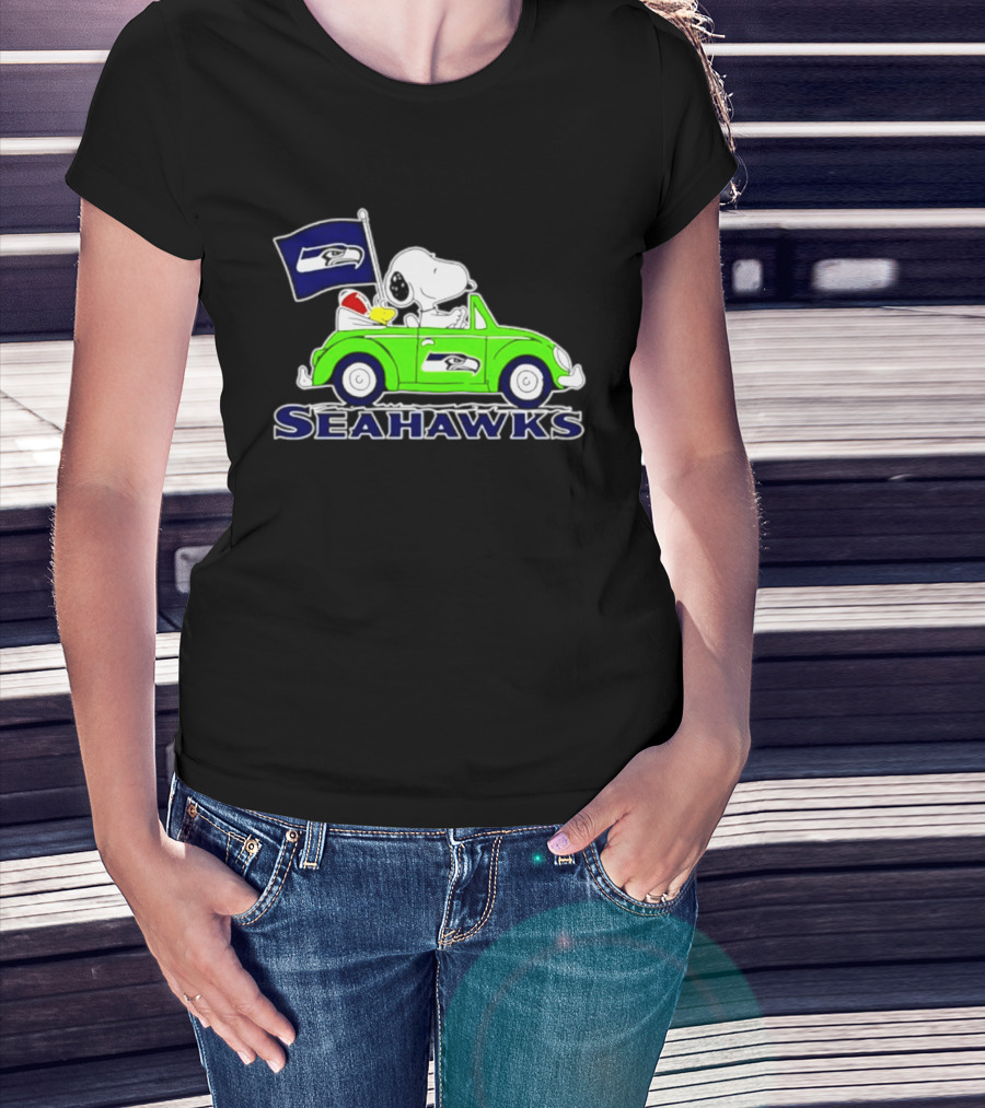 Snoopy In Volkswagen Beetle With Seattle Seahawks Flag 2026 Season T-Shirt