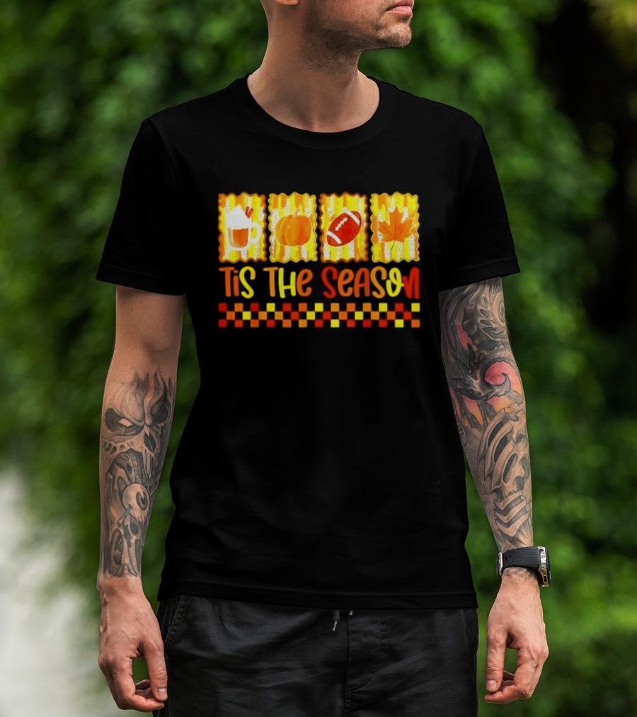Tis The Season Pumpkin Coffee Football Leaf Halloween T-Shirt
