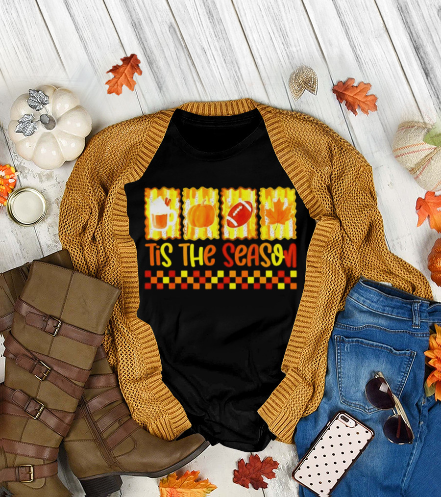 Tis The Season Pumpkin Coffee Football Leaf Halloween T-Shirt