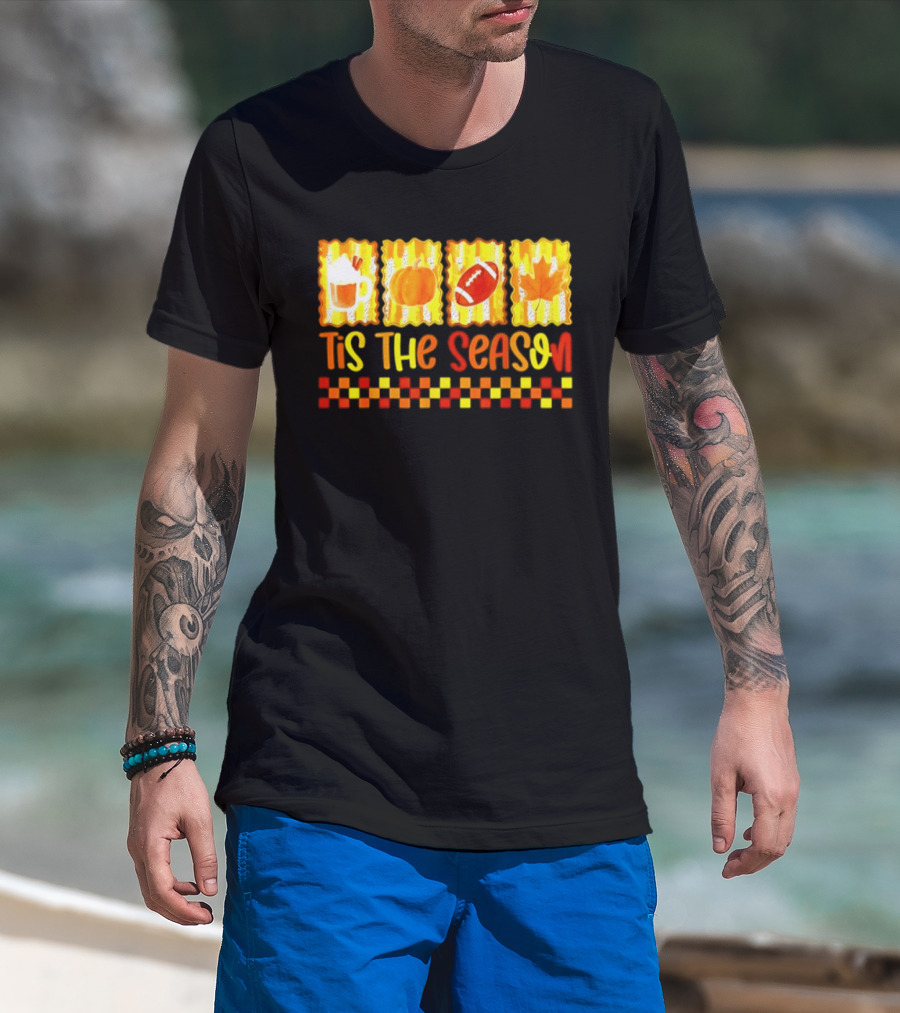Tis The Season Pumpkin Coffee Football Leaf Halloween T-Shirt