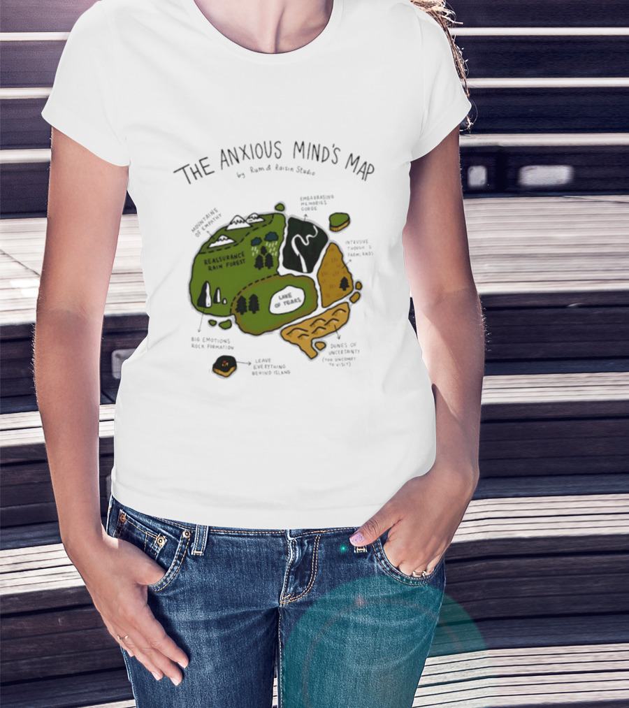 The Anxious Mind's Map Rum & Raisin Studio Reassurance Rain Forest Expectations Plateau Attack Of Panic Peaks T-Shirt