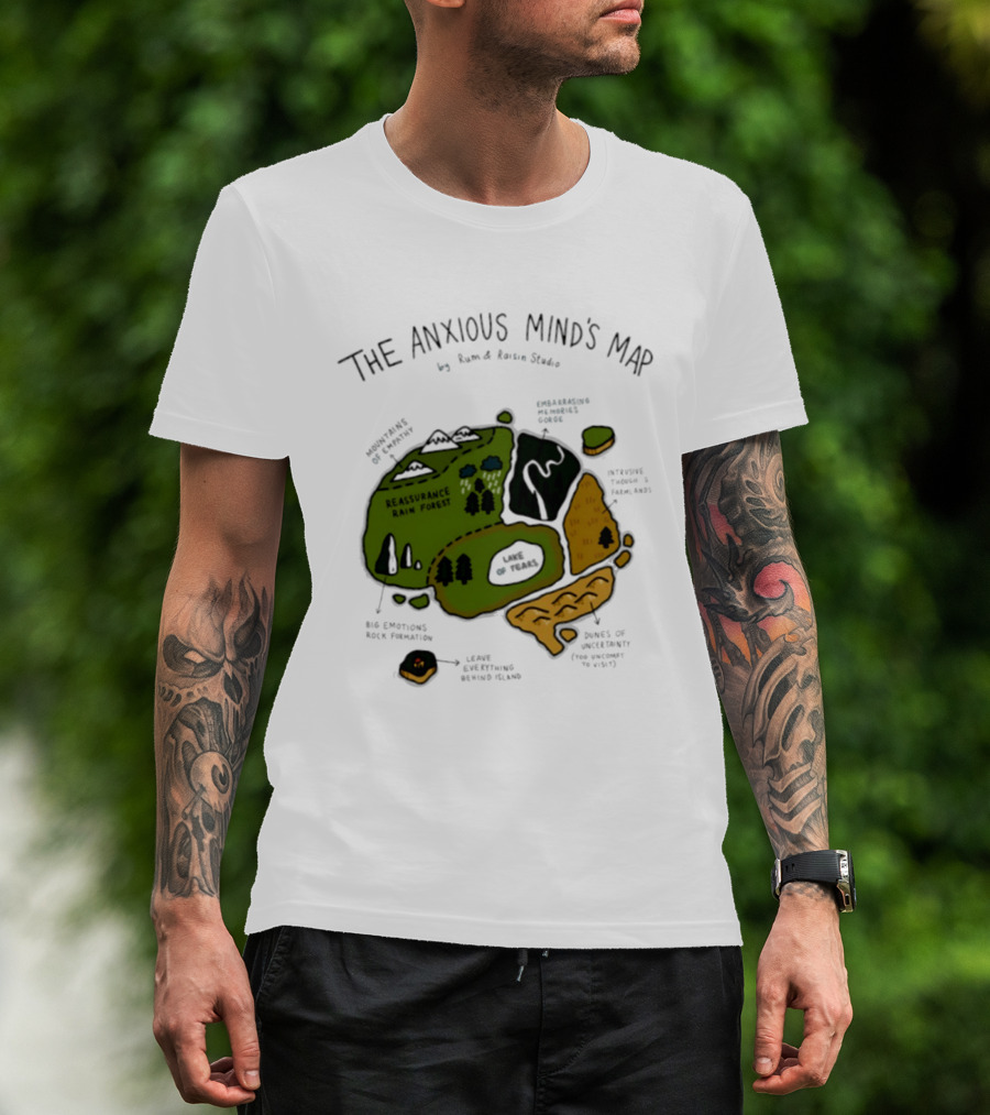 The Anxious Mind's Map Rum & Raisin Studio Reassurance Rain Forest Expectations Plateau Attack Of Panic Peaks T-Shirt