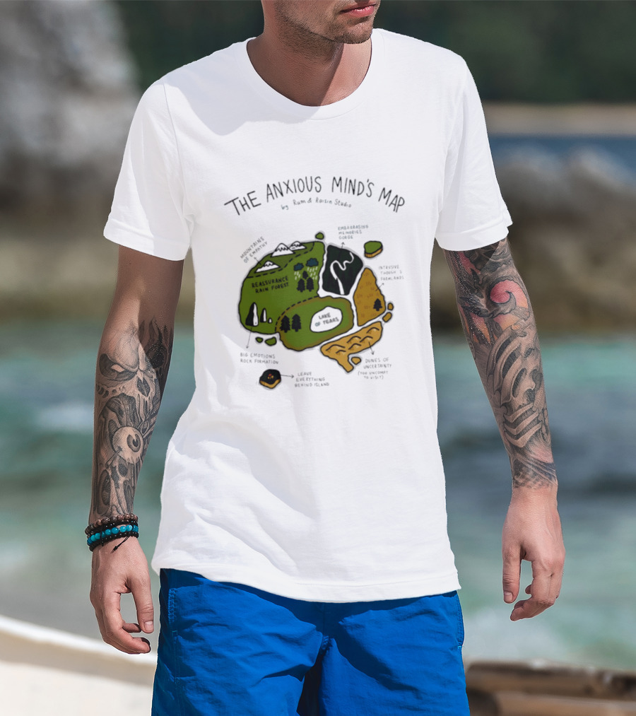 The Anxious Mind's Map Rum & Raisin Studio Reassurance Rain Forest Expectations Plateau Attack Of Panic Peaks T-Shirt